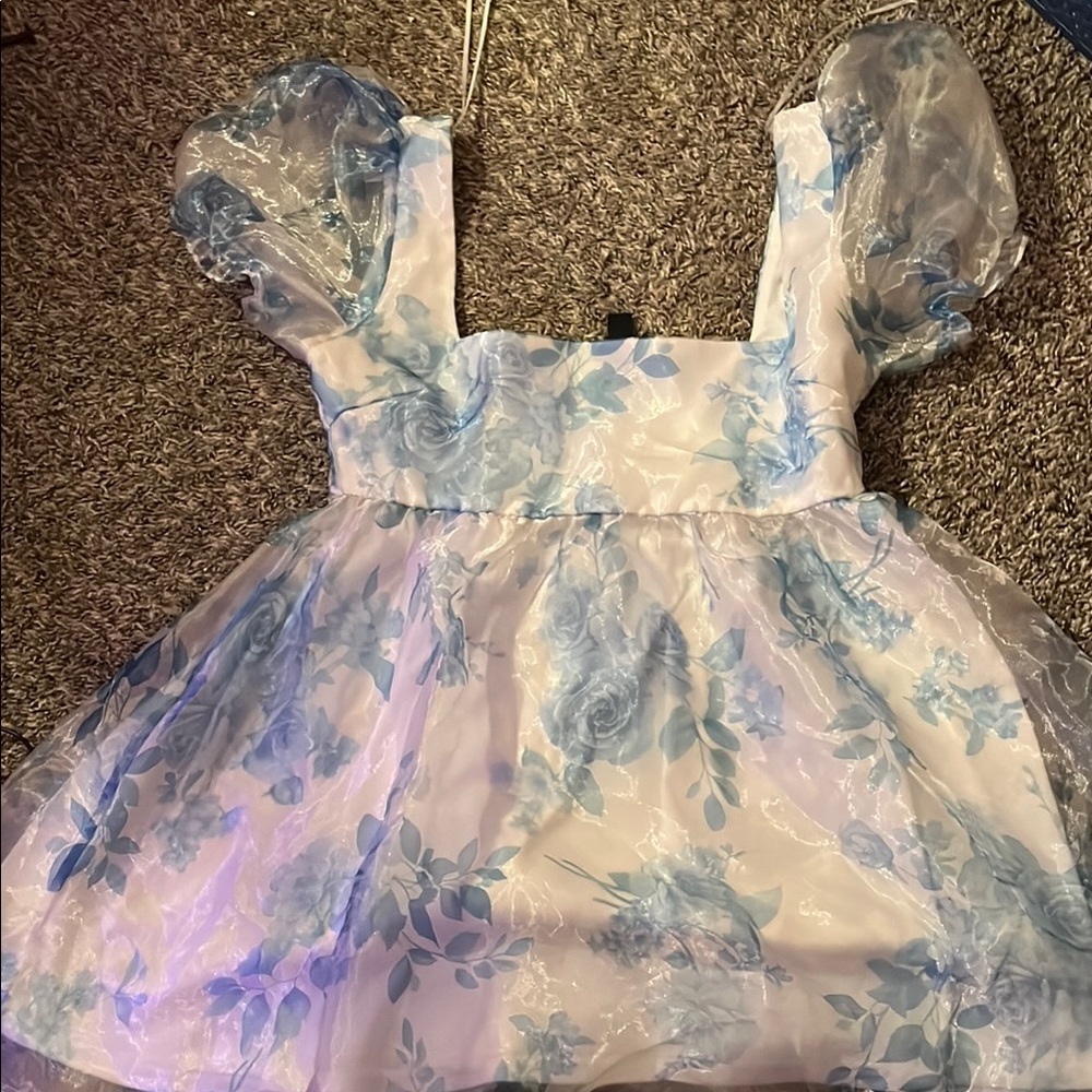 Blue Floral Puff Sleeve Dress